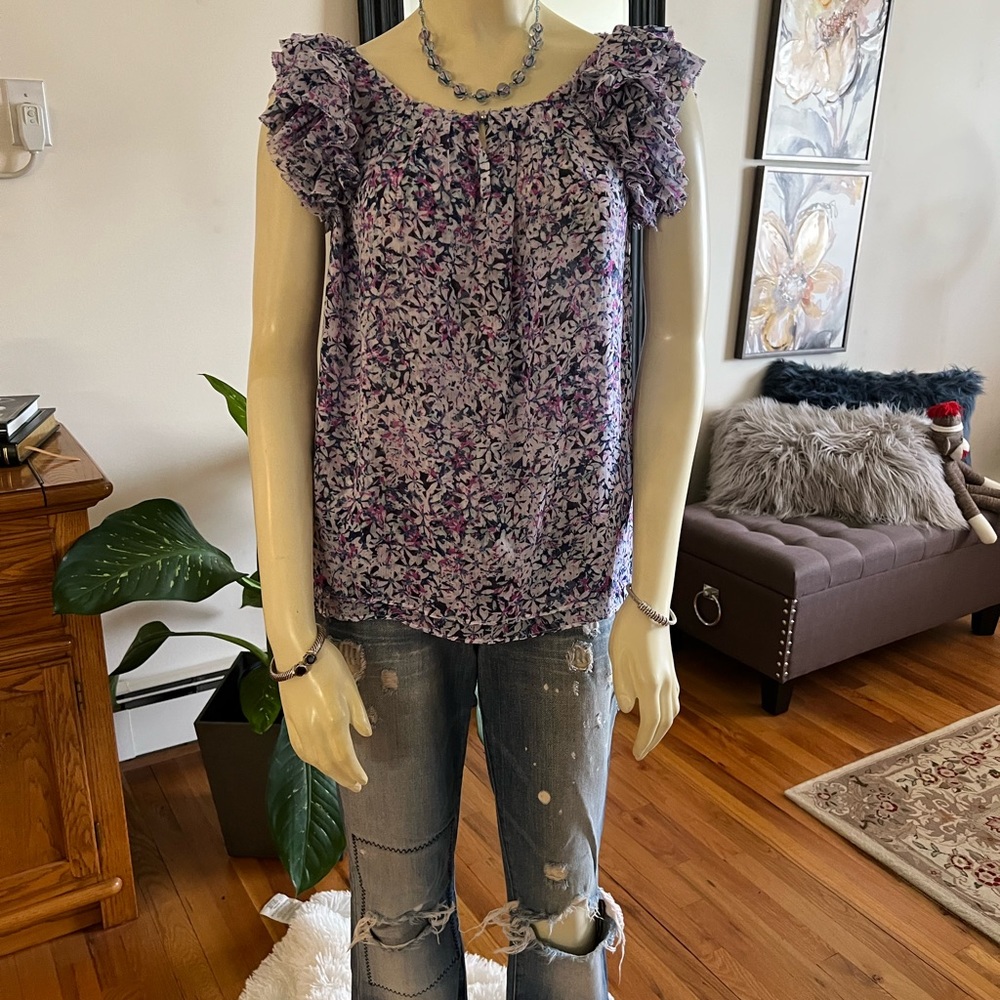 Banana Republic Ruffle Shoulder Print Top / Blouse - Picture 4 of 9